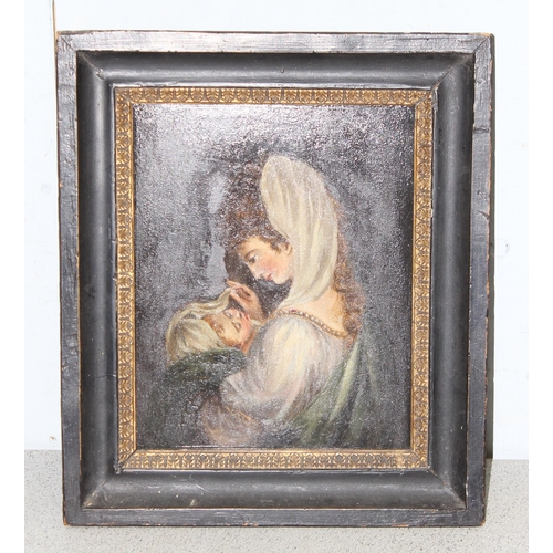 412 - An antique oil on board of a mother with child, likely 19th century, seemingly unsigned, in period b... 