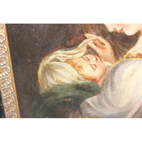 412 - An antique oil on board of a mother with child, likely 19th century, seemingly unsigned, in period b... 