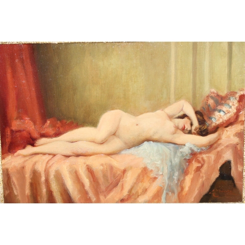 405 - In the manner of Paul Seiffert, a mid-20th century oil on canvas of a recumbent nude female, indisti... 