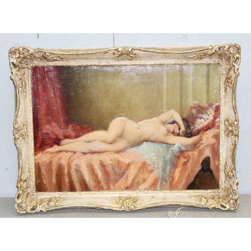 405 - In the manner of Paul Seiffert, a mid-20th century oil on canvas of a recumbent nude female, indisti... 