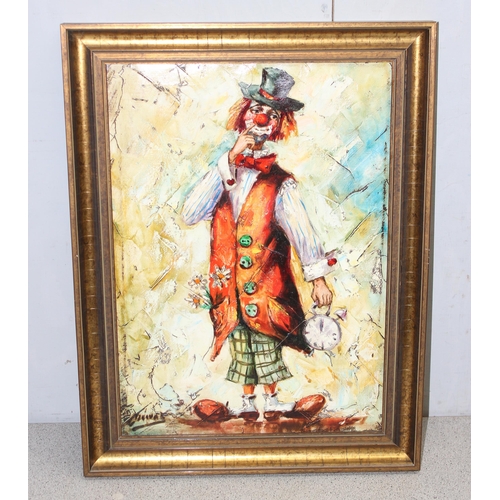 427 - A pair of mid-20th century oil on canvas clown paintings, both indistinctly signed J. Luna?, each in... 