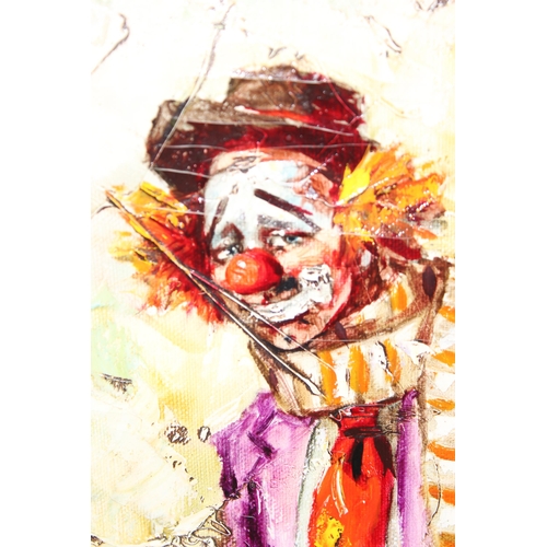 427 - A pair of mid-20th century oil on canvas clown paintings, both indistinctly signed J. Luna?, each in... 