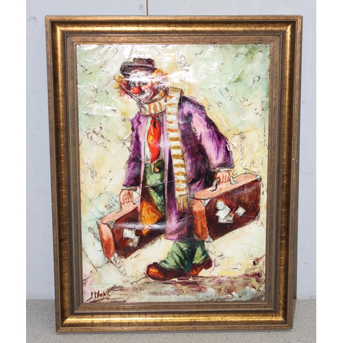 427 - A pair of mid-20th century oil on canvas clown paintings, both indistinctly signed J. Luna?, each in... 