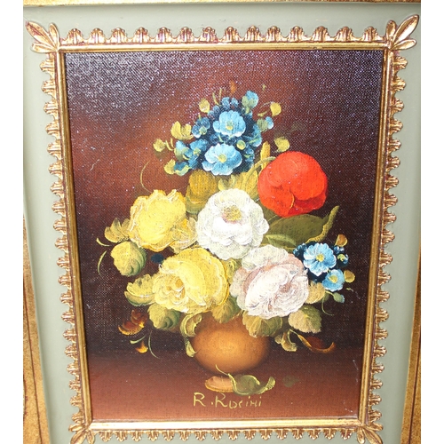 430 - R. Rosini, a pair of 20th century Italian school still life oil on board paintings depicting flowers... 