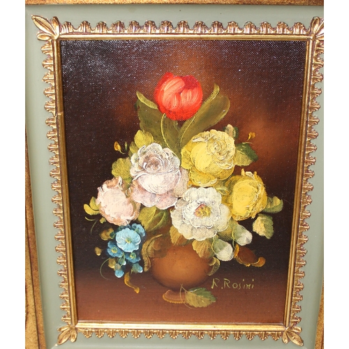 430 - R. Rosini, a pair of 20th century Italian school still life oil on board paintings depicting flowers... 