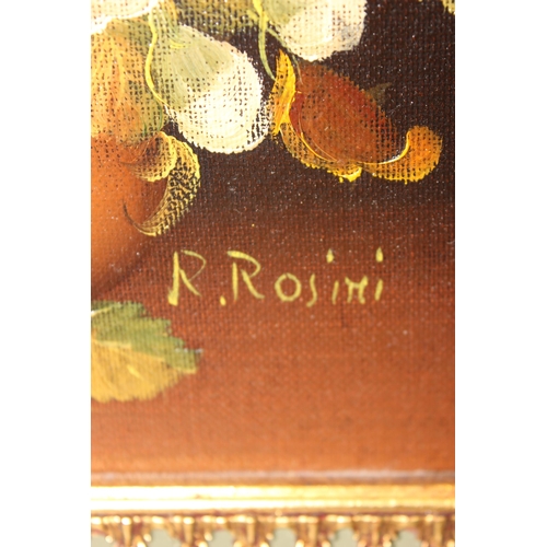 430 - R. Rosini, a pair of 20th century Italian school still life oil on board paintings depicting flowers... 