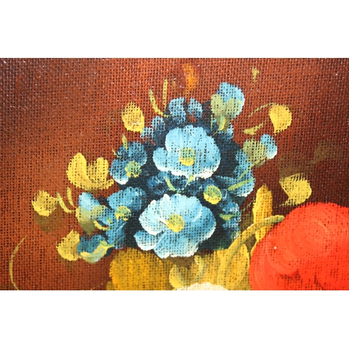 430 - R. Rosini, a pair of 20th century Italian school still life oil on board paintings depicting flowers... 