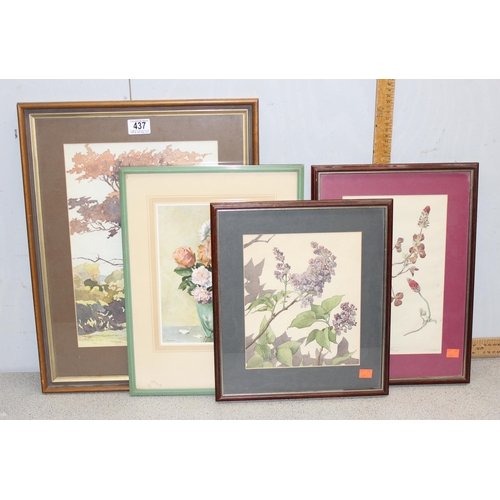 437 - I.E. Craven (XX), 3 original botanical watercolour studies and a print of a still life after Clark, ... 