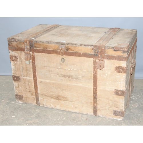 44 - An antique iron bound wooden trunk, strong box or silver chest, approx 107cm wide x 60cm deep x 66cm... 