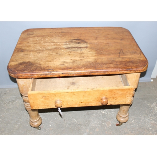 47 - An unusual Victorian pine side table or console table with single drawer, standing on impressive thi... 