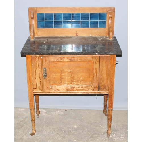 49 - An early 20th century pine and marble topped wash stand with tile back, approx 77cm wide