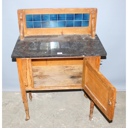 49 - An early 20th century pine and marble topped wash stand with tile back, approx 77cm wide