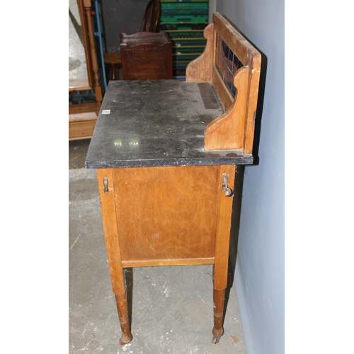 49 - An early 20th century pine and marble topped wash stand with tile back, approx 77cm wide