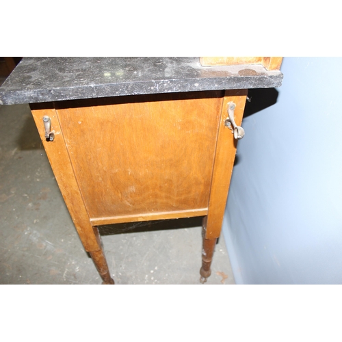 49 - An early 20th century pine and marble topped wash stand with tile back, approx 77cm wide