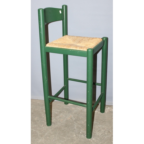 85 - A pair of green painted rush seated stools