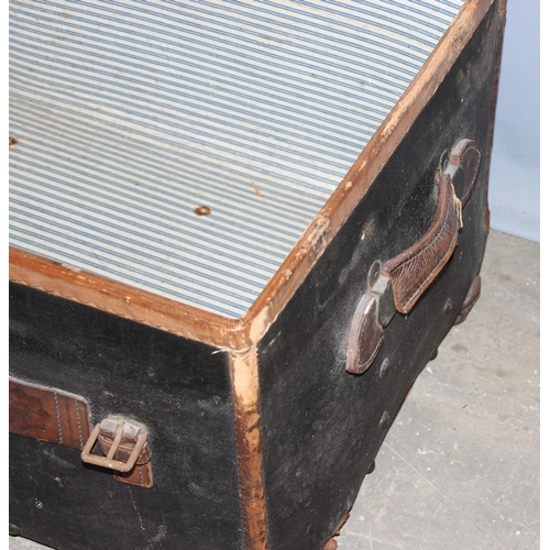 88 - An early 20th century leather and canvas shipping trunk by Barratt Brothers of Oxford St, approx 85c... 