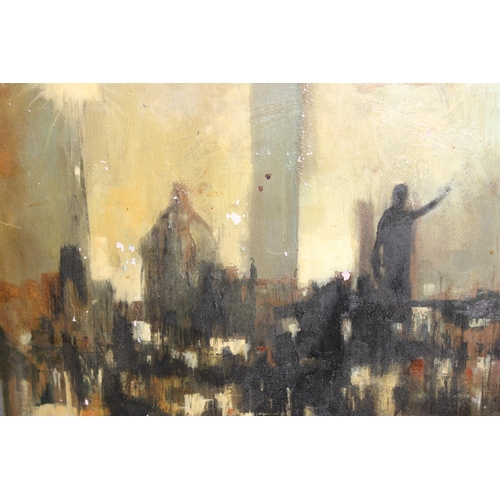 448 - In the manner of Max Gunther, a retro oil on board painting of an abstract cityscape, signed lower r... 