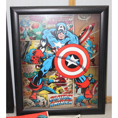 462 - Two large framed Marvel comic superhero posters –
 Iron Man and Captain America. 47cm x 57cm & Four ... 