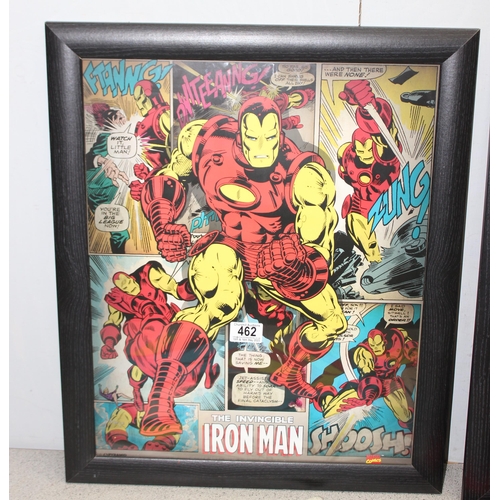 462 - Two large framed Marvel comic superhero posters –
 Iron Man and Captain America. 47cm x 57cm & Four ... 