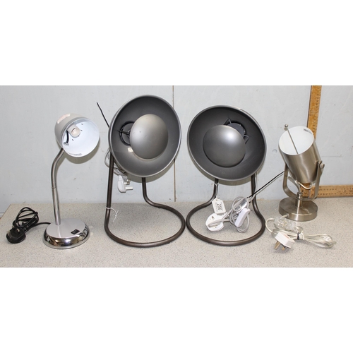 256 - Pair of grey powder coated spot lights & two further retro table lamps