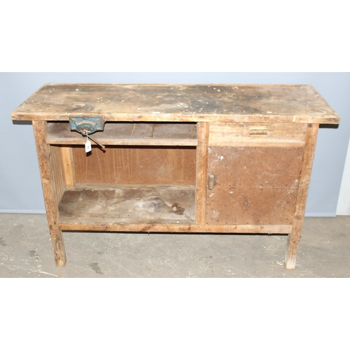 122 - Vintage wooden workbench with vice, approx 158cm wide