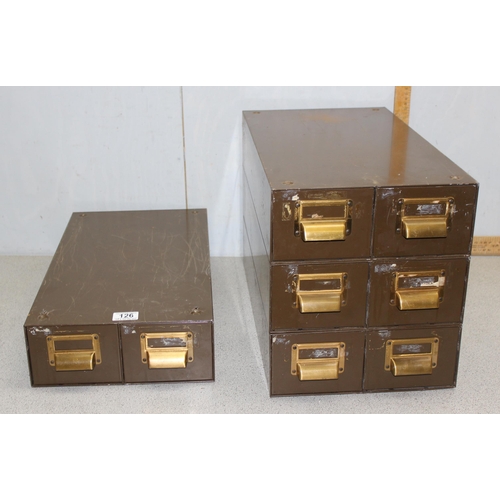 126 - A set of 8 (4 banks of 2, 3 of which are screwed together), vintage metal filing drawers with brass ... 