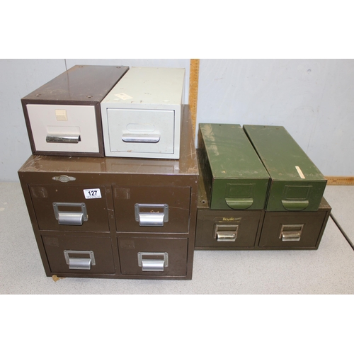 127 - 10 assorted vintage metal filing drawers, various colours and designs