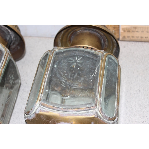 266 - 2 vintage brass carriage lanterns with cut glass and panels