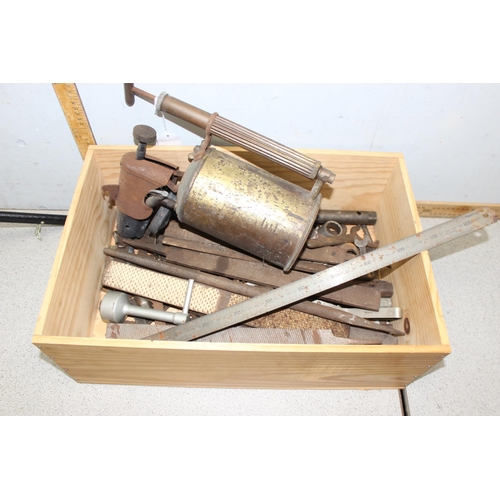 802 - Qty of assorted tools and odds etc to inc a large brass blow torch and a Draper socket set etc