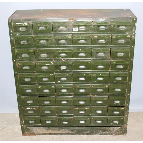 125 - A vintage 54 drawer set of green painted metal filing drawers, approx 92cm wide