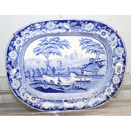 1802 - 3 large antique blue and white meat plates, all 19th century