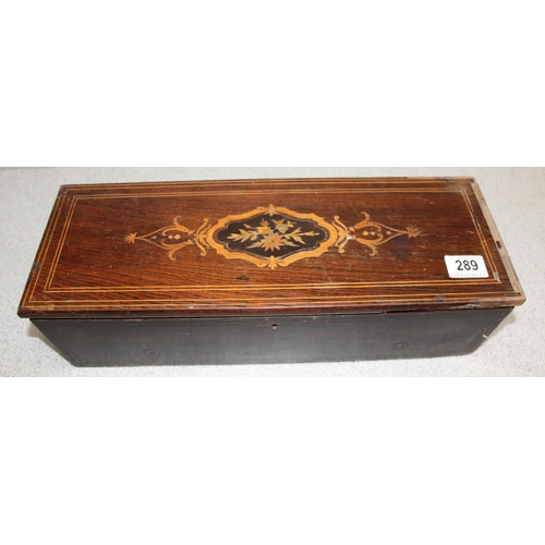 289 - An antique rosewood music box, lacking contents, wooden box only, approx 46cm wide