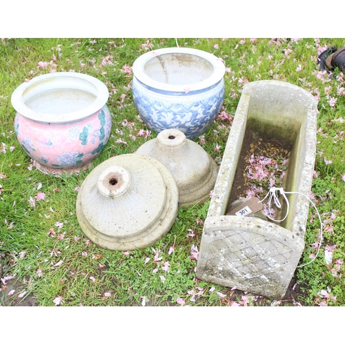 301 - A large concrete garden planter approx 62cm wide and 2 concrete garden plinths and 2 Chinese ceramic... 