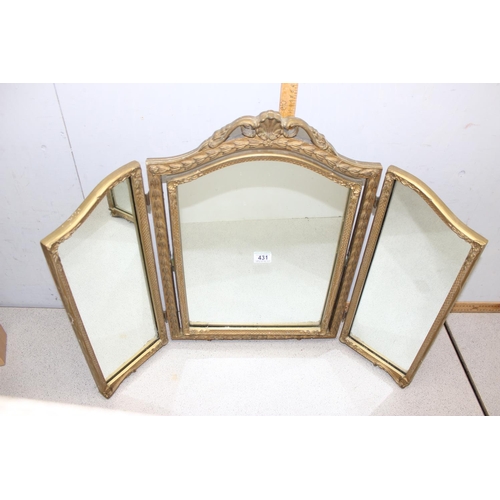 431 - A mid century gilt framed tryptic table mirror in the Rococo style, approx 88cm x 63cm inc frame