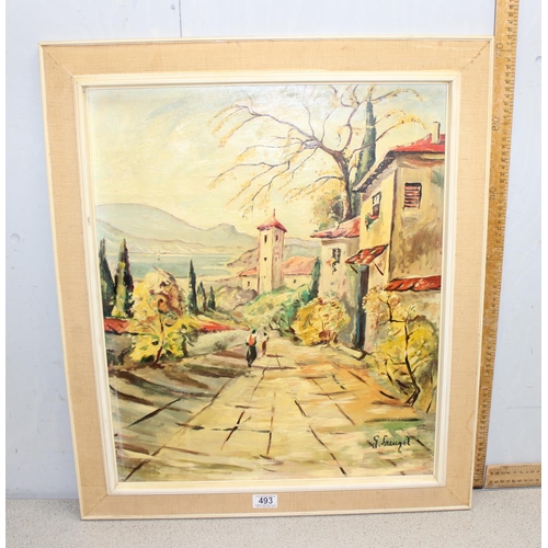 493 - An unusual Mediterranean School mid-century oil on board painting of a village scene, indistinctly s... 