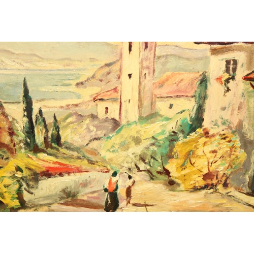 493 - An unusual Mediterranean School mid-century oil on board painting of a village scene, indistinctly s... 