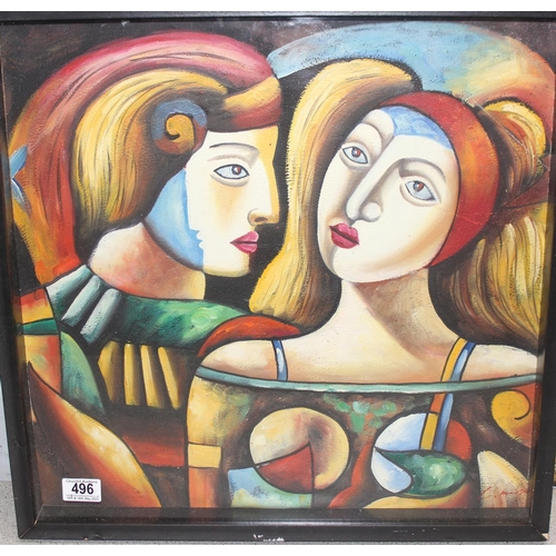 496 - An unusual Cubist style oil on canvas painting depicting 2 figures, seemingly unsigned, in deep set ... 