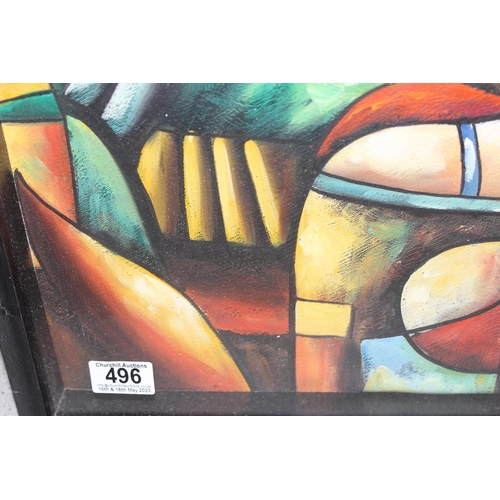 496 - An unusual Cubist style oil on canvas painting depicting 2 figures, seemingly unsigned, in deep set ... 