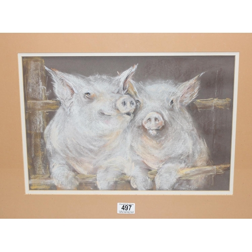 497 - Pat Newton (XX), pastel portrait of 2 happy pigs, framed and glazed, approx 62cm x 49cm