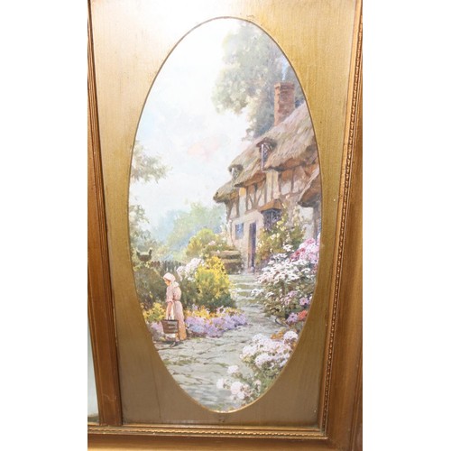 499H - A late 19th or early 20th century gilt framed bevelled edge mirror flanked by 2 oval prints of ladie... 