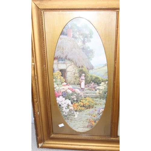 499H - A late 19th or early 20th century gilt framed bevelled edge mirror flanked by 2 oval prints of ladie... 