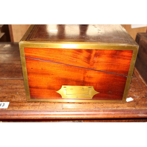 273 - Antique brass bound mahogany writing slope with campaign style handles and inlaid brass strung borde... 