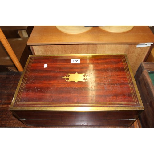 273 - Antique brass bound mahogany writing slope with campaign style handles and inlaid brass strung borde... 