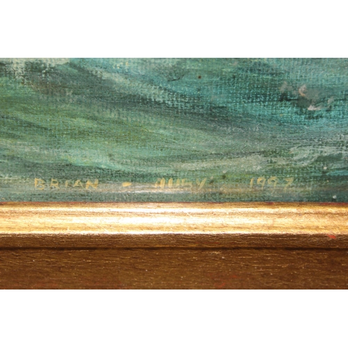 408 - Brian Huby (XX), oil or acrylic on board of fighting galleons in impressive gilt frames, signed and ... 