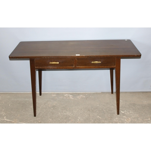 15 - A retro 2 drawer desk or hall table with gilt metal handles, seemingly unmarked, approx 137cm wide