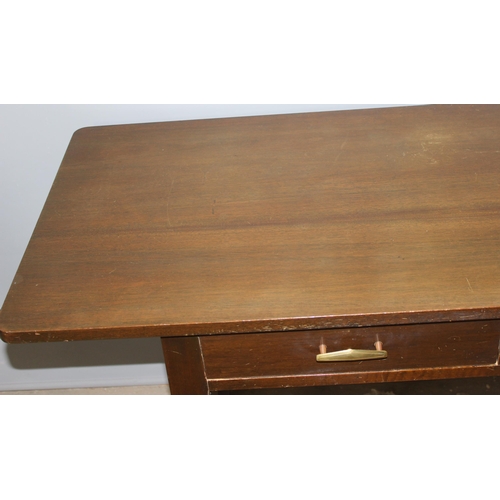 15 - A retro 2 drawer desk or hall table with gilt metal handles, seemingly unmarked, approx 137cm wide