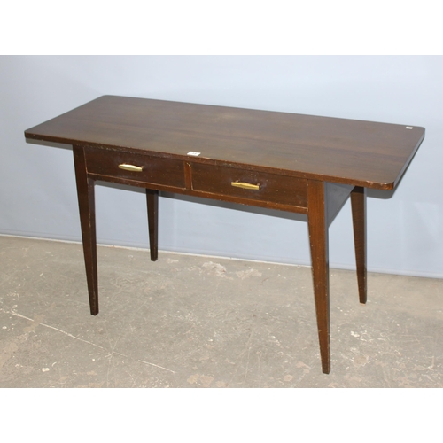 15 - A retro 2 drawer desk or hall table with gilt metal handles, seemingly unmarked, approx 137cm wide