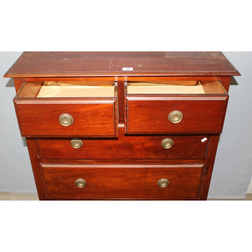 19 - A vintage mahogany 2 over 3 chest of drawers standing on bracket feet with brass handles, approx 87c... 