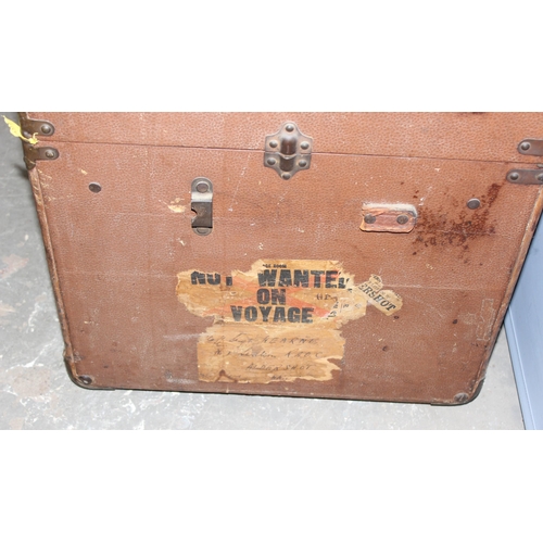 22 - A large vintage canvas and wooden shipping trunk with flat top, approx 79cm wide x 49cm deep x 50cm ... 