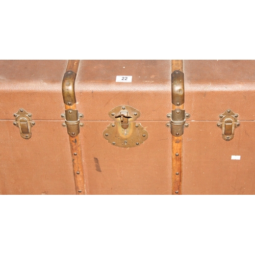 22 - A large vintage canvas and wooden shipping trunk with flat top, approx 79cm wide x 49cm deep x 50cm ... 